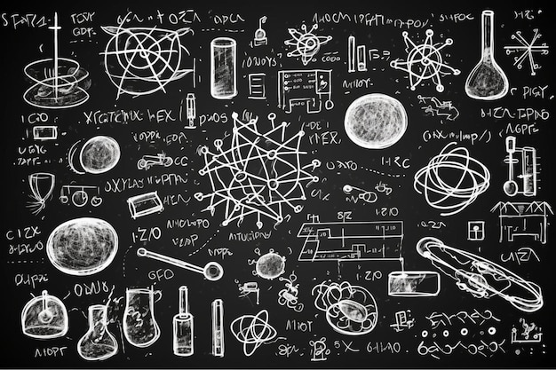 Photo science doodles and notes on chalkboard