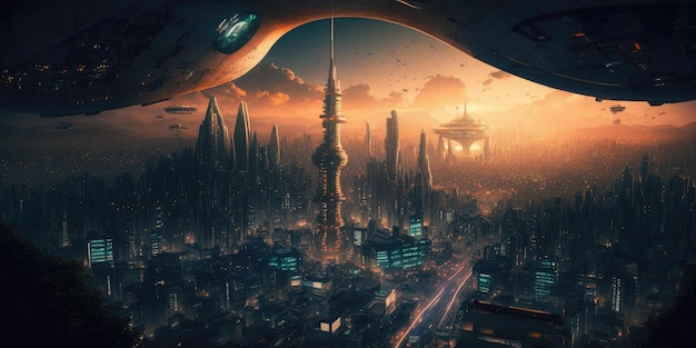 Science fiction fantasy world cityscape skyline with futuristic building architecture