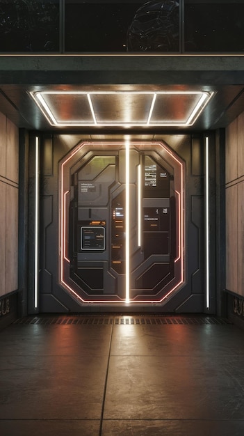 Photo science fiction futuristic modern gate door with neon light