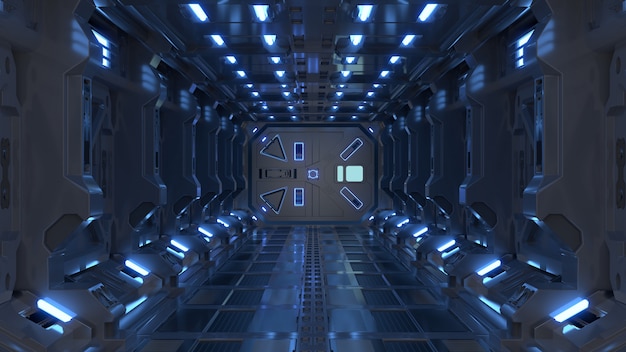 Science fiction interior rendering sci-fi spaceship corridors blue light.