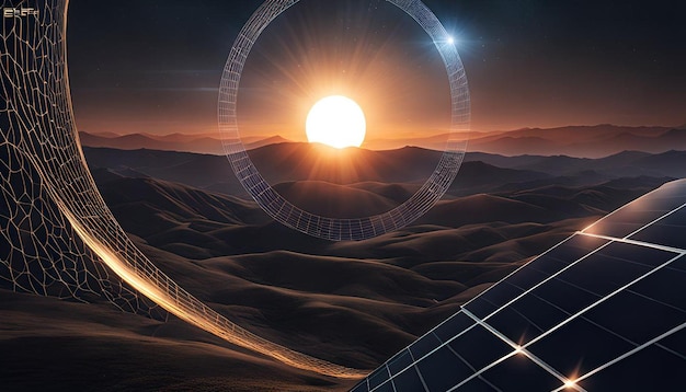 Photo science fiction with wireframe landscape and solar eclipse design