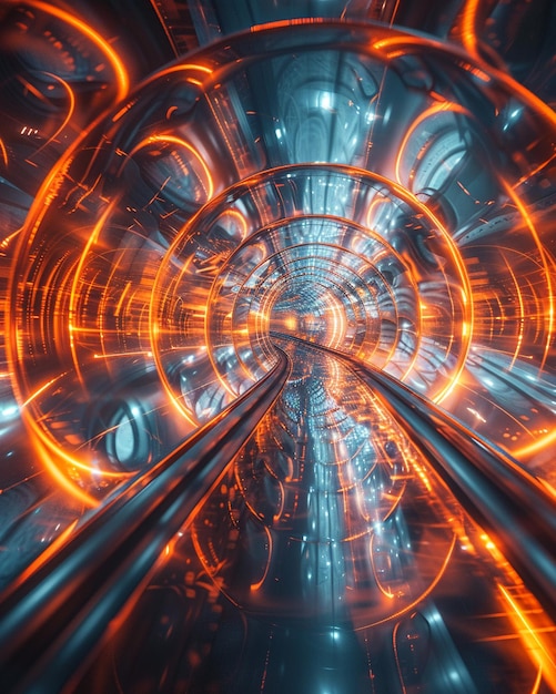 A science fictioninspired tunnel aglow with neon orange and blue lights