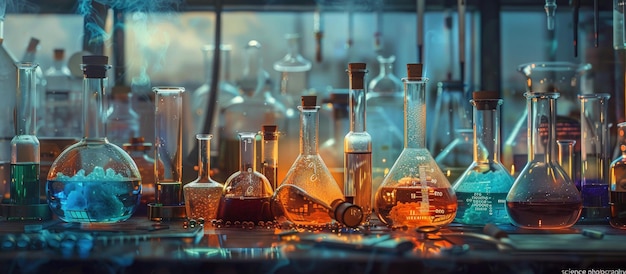 Science Laboratory Beakers and Flasks on a Table