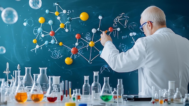 Photo science teacher writing the steps of the scientific method on a blackboard