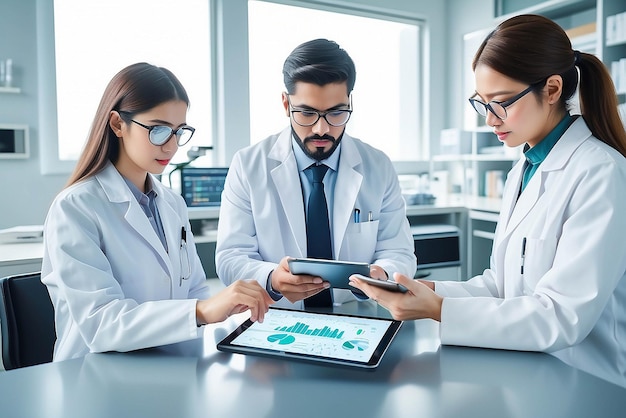 Science teamwork tablet and scientist in digital research analysis investigation or check medical software analytics in laboratory Healthcare innovation biotechnology expert people reading report