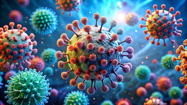 A scientific 3D illustration showing the interaction between a virus and the immune system highligh