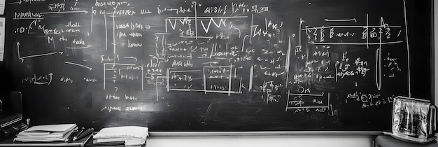 Scientific equations and formulas on a chalkboard