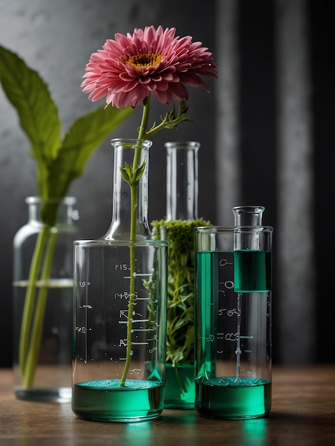 Photo scientific experimentherbsflower and green leavr in beaker and test tubes