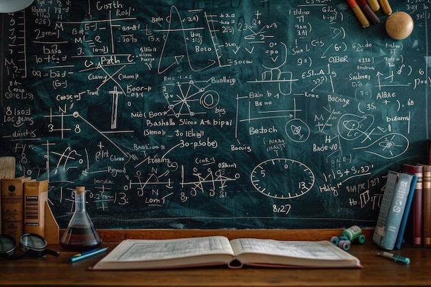 Scientific formulas and calculations on blackboard in physics and mathematics