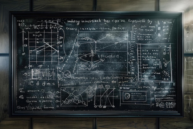 Scientific formulas and calculations on blackboard in physics and mathematics