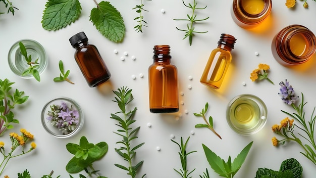 Scientific homeopathy lab with medicinal plant extracts on light background Concept Scientific Research Homeopathy Lab Medicinal Plants Natural Remedies Light Background