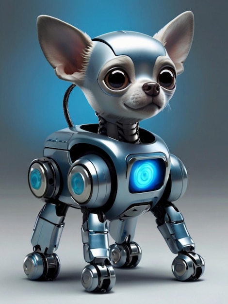 Scientific illustration of metallic silver Chihuahua robot