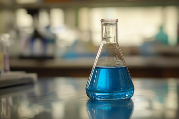 Photo scientific laboratory scene with an erlenmeyer flask containing vibrant blue liquid