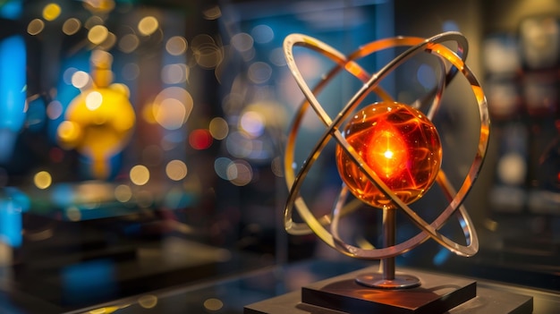 A scientific model of an atom with a brightly glowing core and robust metal connections displayed in a museum