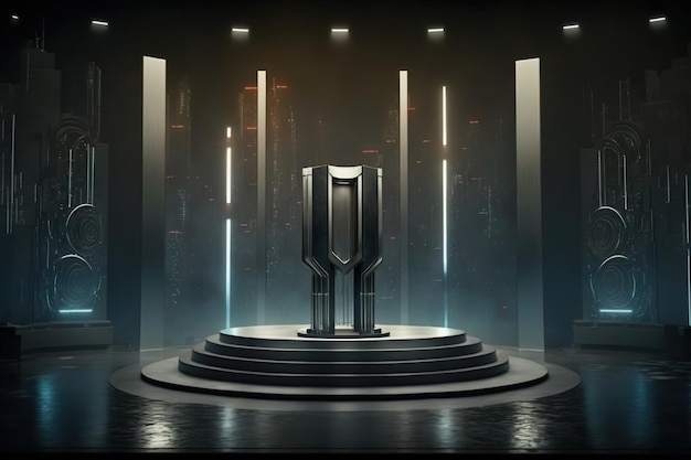 Scientific podium pedestal directional light in the center against the backdrop of a futuristic