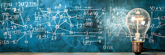 Photo scientific thought glowing lamp among physical and math formulas in science and education setting