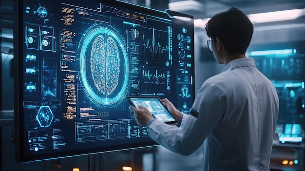 Photo scientist analyzing brain data on advanced digital interface in hightech laboratory