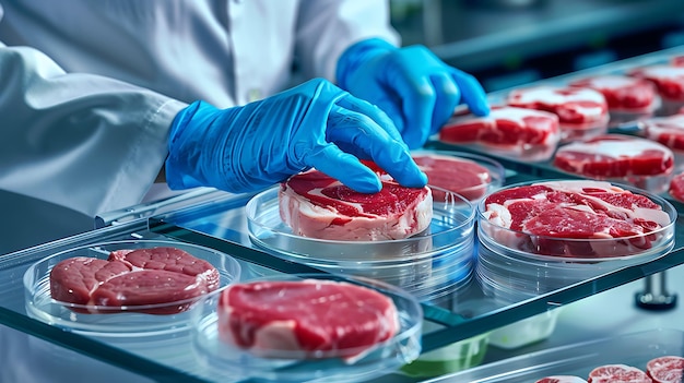 Scientist analyzing cultured meat samples in petri dishes labgrown meat sterile lab environment biotechnology