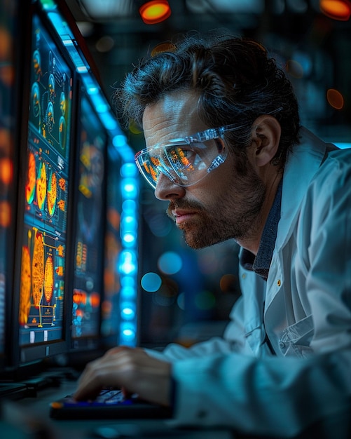 A Scientist Analyzing Data On Computer Background