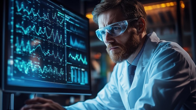 Photo scientist analyzing data on a computer