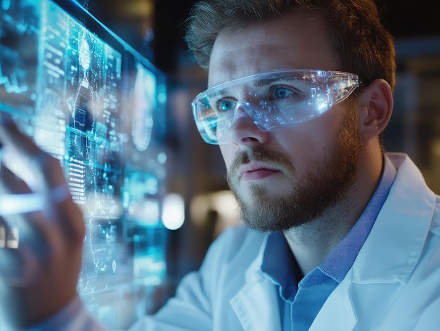 Photo scientist analyzing data on a digital holographic interface in a futuristic lab