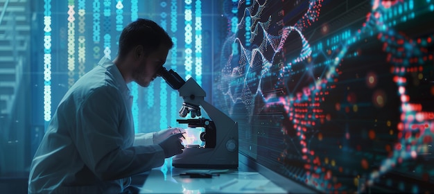 Scientist Analyzing DNA Mutations with HighPowered Microscope and Digital Genetic Data Display