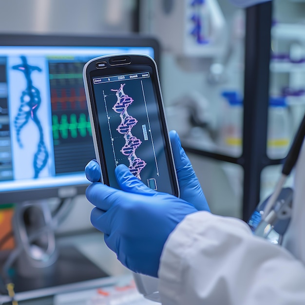 Photo scientist analyzing dna structure on a tablet device in a lab