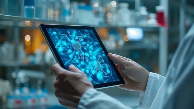 Scientist Analyzing Molecular Structures on Tablet Generative AI