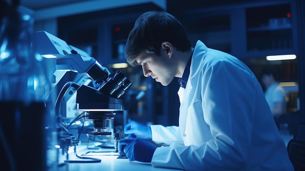 Scientist Analyzing Substance Sample with Microscope in Lab