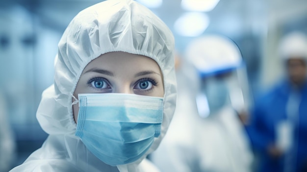 A scientist in a cleanroom looking at test tubes scientist cleanroom test tubes