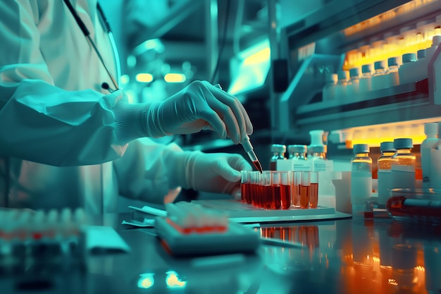 Scientist conduct research with test tubes in a laboratory with blue and orange illumination