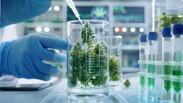 Scientist conducting cannabis research in a laboratory examining buds in a glass