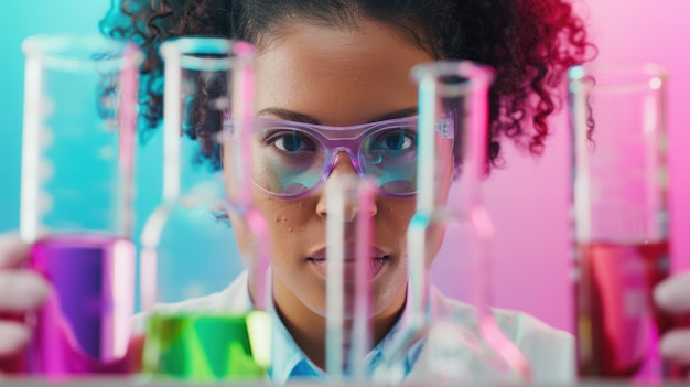 Scientist conducting an experiment with colorful chemicals in test tubes wearing protective