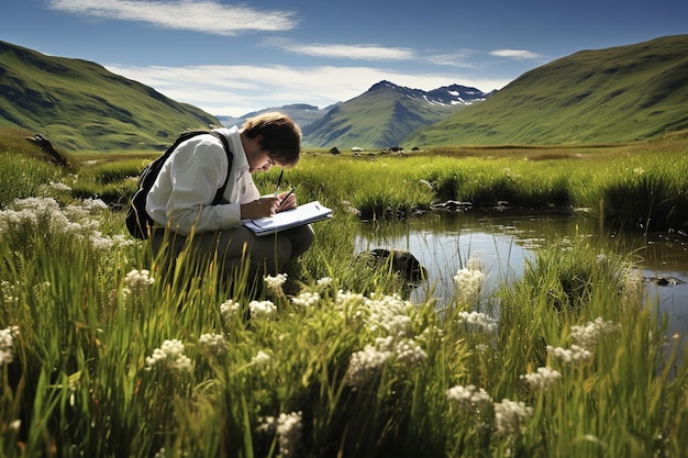 A scientist conducting field research in a pristine natural environment