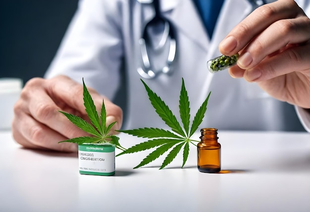 Scientist or doctor in lab coat holding CBD hemp extract Medical marijuana plant