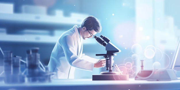 Scientist doctor working with microscope in laboratory experiment banner