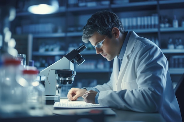 A scientist donned in a white coat examines samples under a microscope showcasing intense concentration in the laboratory