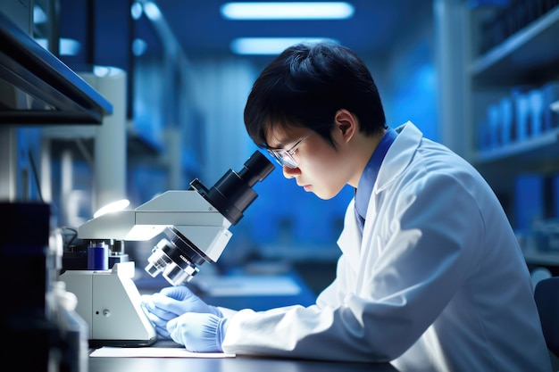 scientist engrossed in observing a microscope slide capturing their concentration medical