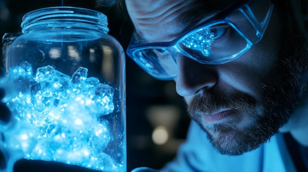 Photo scientist examines glowing specimen in jar a closeup view