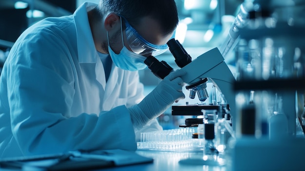 Photo a scientist examines samples under a microscope in a hightech laboratory setting