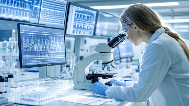 A scientist examines samples using a microscope while analyzing data on a computer in a modern laboratory setting