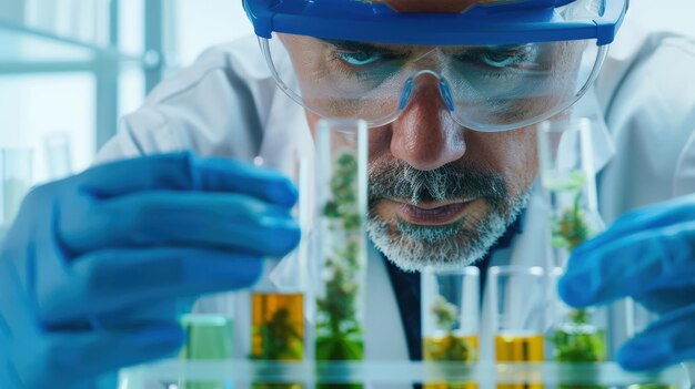 Scientist examines test tubes with plant samples in a laboratory conducting research on natural