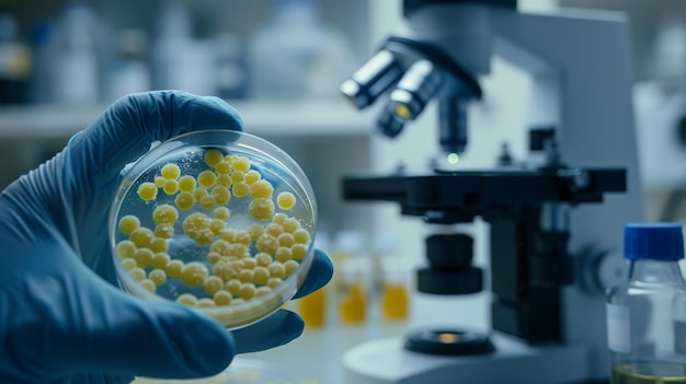 Scientist Examining Bacterial Colonies in Petri Dish