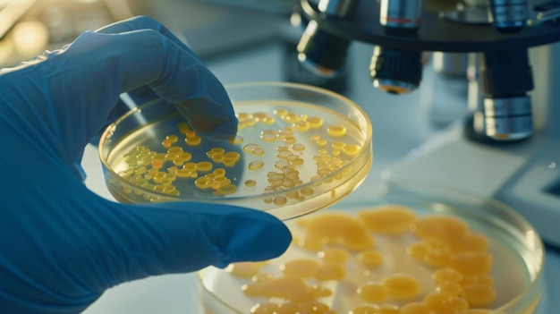 Scientist Examining Bacterial Colonies in Petri Dish