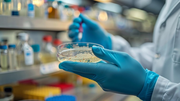 Scientist Examining Bacterial Colonies in Petri Dish