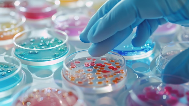 Scientist Examining Bacterial Colonies in Petri Dish