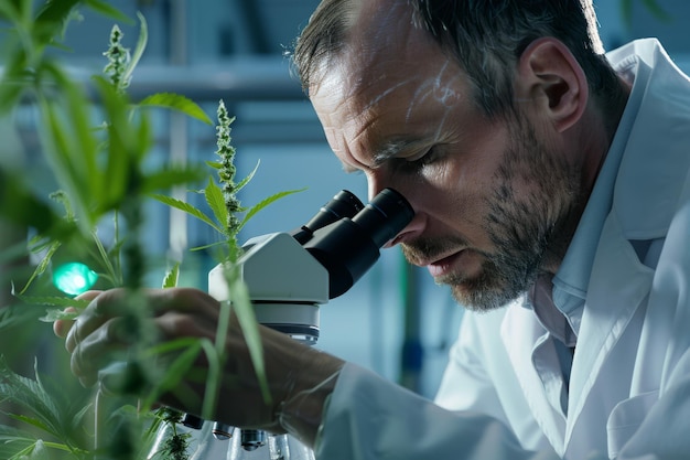 Scientist examining cannabis or marijuana plants in a laboratory