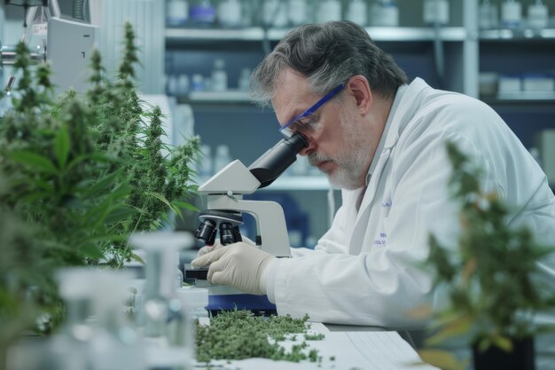 Scientist examining cannabis or marijuana plants in a laboratory