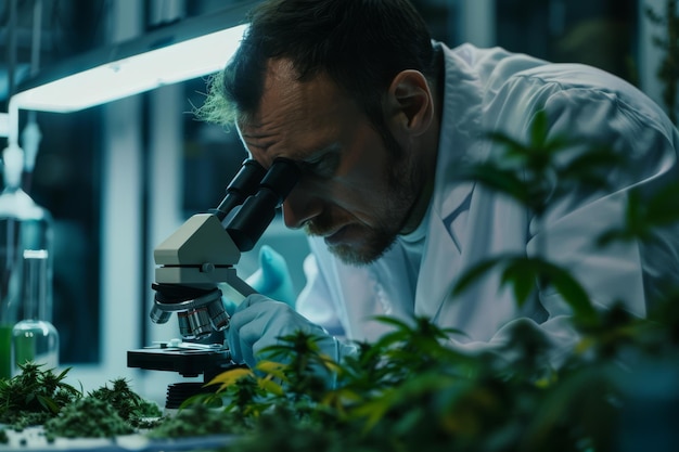 Scientist examining cannabis or marijuana plants in a laboratory