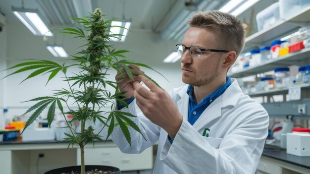 Scientist examining cannabis plant in laboratory